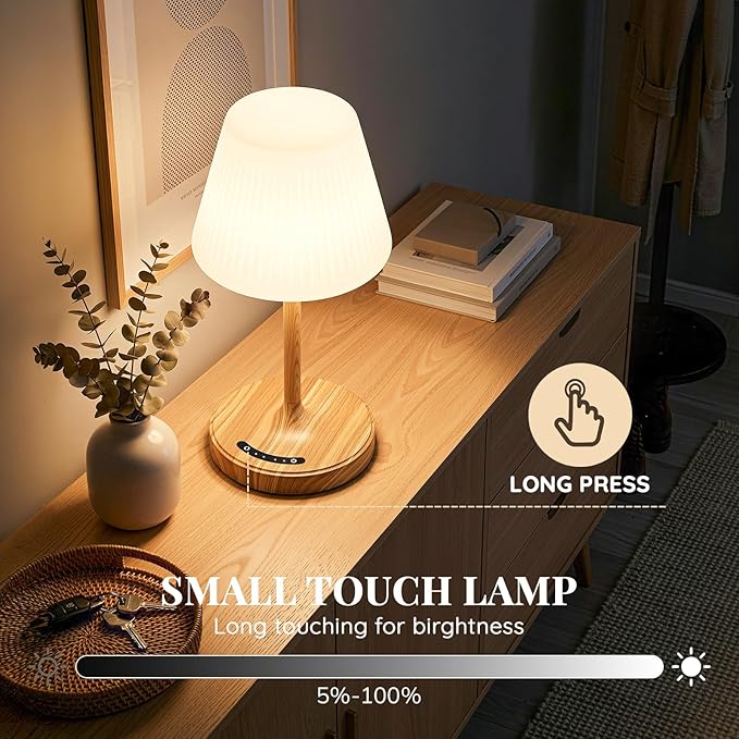Cordless Table Lamp, Waterproof Shower Lamp, 4000mAh Rechargeable Table Lamps, 3-Color Dimmable Light, Battery Operated Lamp Desk Night Lamp for Bathroom Bedroom Patio Camping Restaurant (Wood Grain)