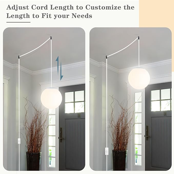KoKo&Yukina 10" Globe Pendant Light White Plug in Pendant Light Adjustable Hanging Lights with Plug in Cord Matte White Finished with Milk Glass Lampshade for Bedroom Kitchen Island（Bulb Included）