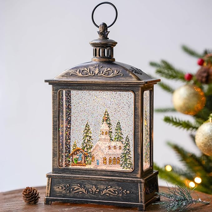 Christmas Snow Globe Lantern Water Glittering Churche & Manger Scene with Music & Timer, USB Lined/Battery Operated Lighted Lantern for Christmas Festival Decoration Gifts