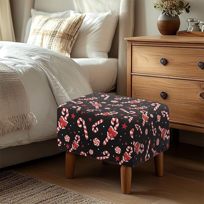 Christmas Candy Cane Rectangle Footstool Cover 30x24x15 Inch Stretch Ottoman Slipcover with Nonslip Elastic Bottom Small Storage Footrest Stool Cover for Ottoman Decor