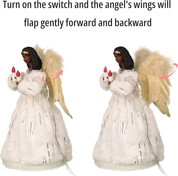 Moving Black Angel Christmas Tree Topper with Lights, 12-Inch White Cloth African American Christmas Decoration Holding Candles, Plug in and Battery Operated, Long Power Cord