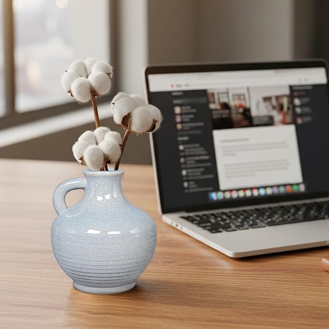 Sunddo Blue Ceramic Vases for Home Decor, 6 Inch Modern Decorative Vase with Handle, Small Flower Vase for Centerpiece, Entryway Living Room Dining Table Farmhouse Office Decor
