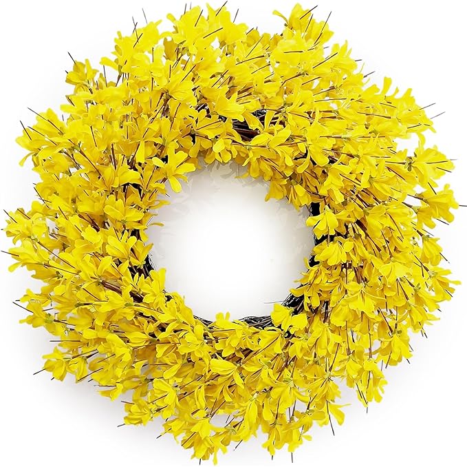 Huashen Spring Wreaths for Front Door, 24 Inch Yellow Forsythia Spring Door Wreath, Farmhouse Spring Door Wreaths on Grapevine for Celebration Wall Window Decoration Hanging