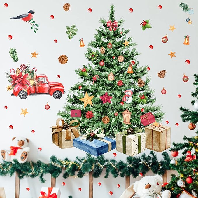 Large Christmas Tree Wall Decals Merry Christmas Wall Stickers Christmas Truck Wall Decals Peel and Stick,Watercolor Pine Tree Stickers for Window Decor Living Room Kids Room Gift Xmas Party Supplies
