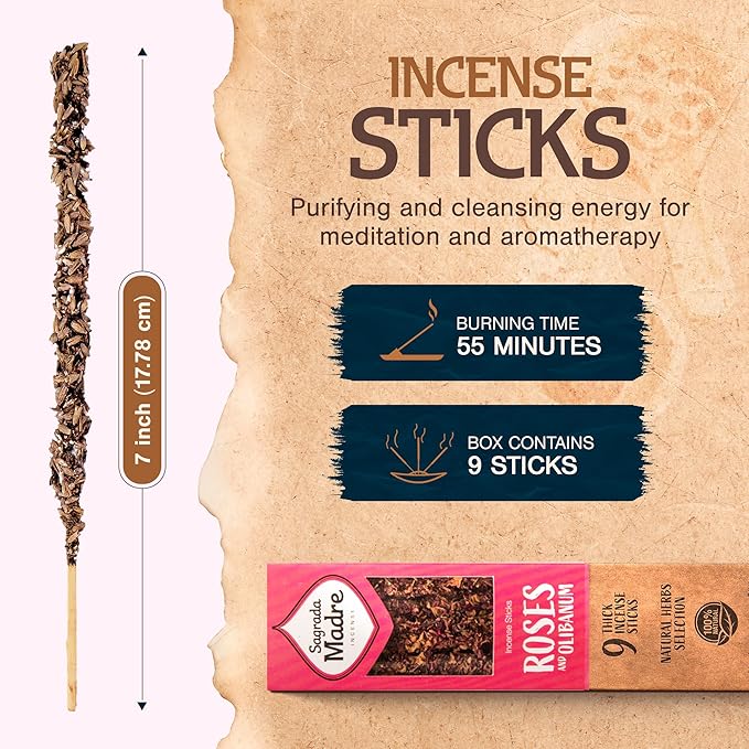 Sagrada Madre 9 pcs Wildly Harvested - Rose & Olibanum/Frankincense Incense Sticks, 7" Long - Thick Aromatic Incense Sticks (45-55 min Burning Time) to Neutralize Negative Energies & Harmonizing Space