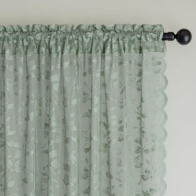Sage Green Lace Semi-Sheer Curtains – Vintage Leaf Pattern Lace for Bedroom/Bathroom, Light Filtering Rod Pocket Drapes, Privacy Chic Window Treatments, 52W x 72L Inch, 2-Panel Set