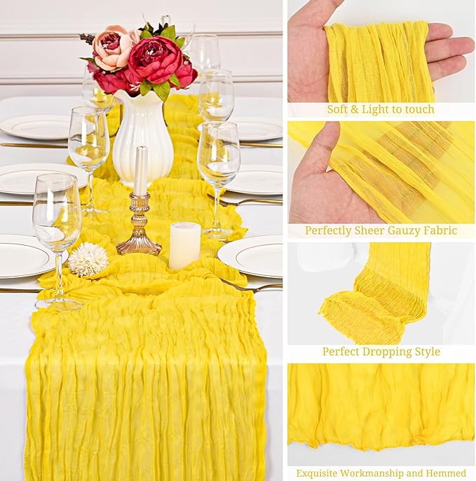 12 Pack Yellow Cheesecloth Table Runner,10FT Gauze Boho Table Runner 20x120inch Rustic Sheer Cheese Cloth Table Runner for Wedding Party Bridal Shower Table Thanksgiving Christmas Decoration