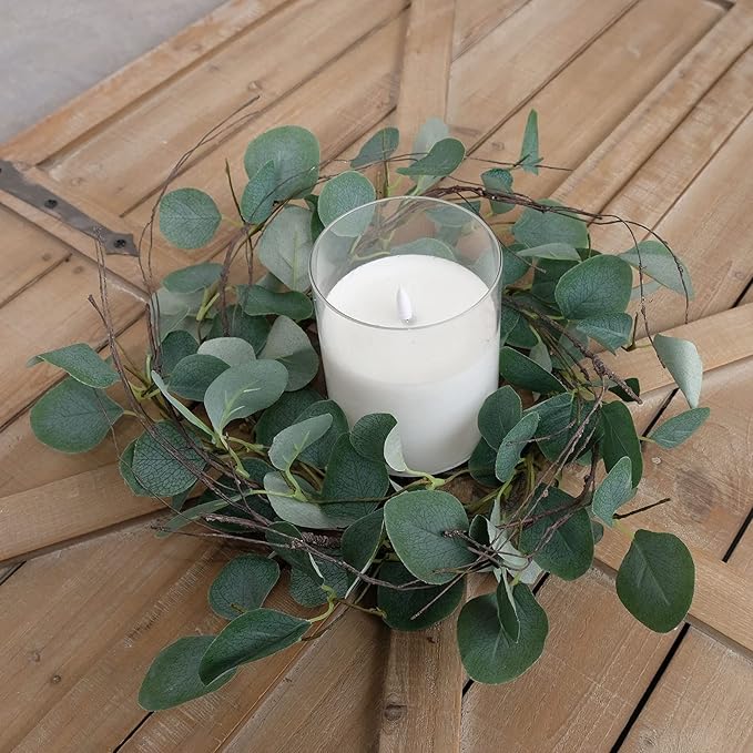 idyllic Eucalyptus Leaves Wreath Metal Polyester Green Wreath 14 Inches for The Front Door Décor, 4 Pack