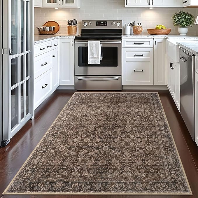 4x6 Washable Rug Rust Reddish Brown Area Rug for Entryway Soft Non-Slip Indoor Door Rugs Distressed Floral Low-Pile Doormat, Neutral Vintage Carpet for Entrance Kitchen Bedside Farmhouse