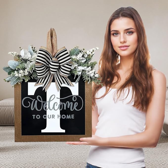 Ultra Large 14'' Last Name All Year Round Front Door Wreath with 26 Initial Letter Welcome Sign All Seasons Eucalyptus Garland and Bow Wreaths for Front Door Porch Farmhouse Decoration (T)