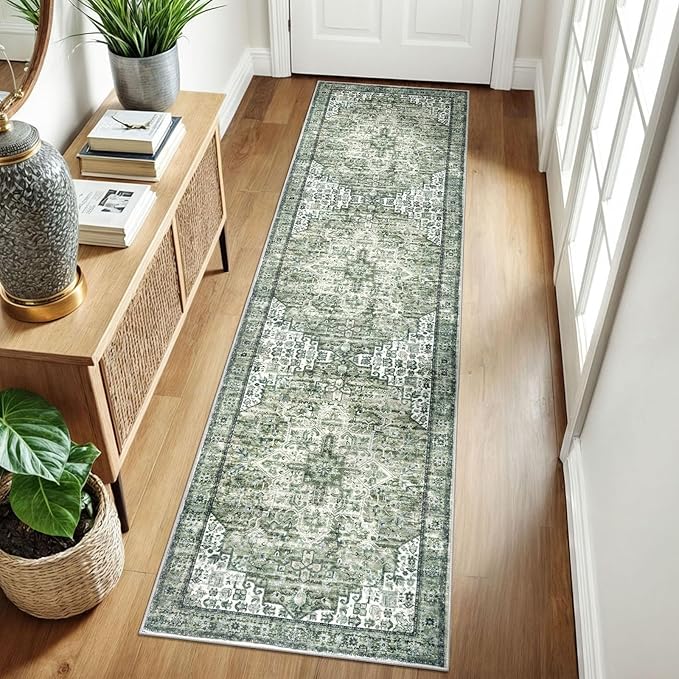 2x8 Runner for Hallways, Green Non-Slip Washable Kitchen Runner, Vintage Boho Printed Rug with Non-Shedding, Soft Medallion Floor Carpet for Laundry Bedroom Entryway