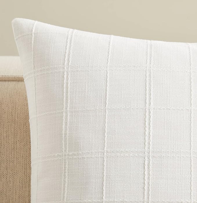 ZeeMart Linen Checked Lumbar Throw Pillow Covers Set of 2, 12x20 Inch White/Natural White, Farmhouse Decorative Single Sided Grid Embroidered Couch Pillow Cases Cotton Linen Cushion Covers