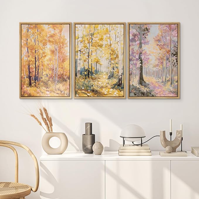 SIGNWIN Framed Canvas Print Wall Art Set Golden Autumn Forest Path Impressionist Landscape Illustrations Modern Art Decorative Chic Calm for Living Room, Bedroom, Office - 16"x24"x3 Natural