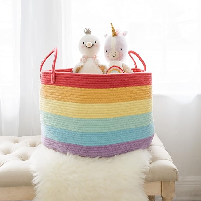 OrganiHaus Rainbow Blanket Basket for Classroom & Nursery, Extra Large Woven Laundry Basket W/Handles, Kids Toy Organizer & Storage, Soft Round Dog Toy Storage Bin, Cute Bin - 20"x13" in