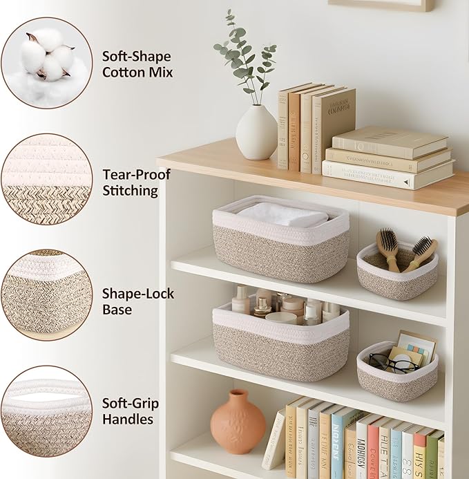 5-Pack Small Woven Rope Storage Baskets – 2 Sizes Organizer Bins for Closet, Shelf, Bookshelf, Nursery, Changing Table, Fabric Cube Boxes, Rectangular Shallow Bins for Bathroom, Toy & Home