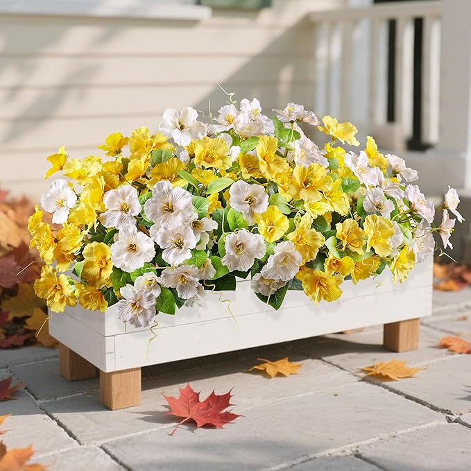 Hibiscus Artificial Flowers Plants for Outdoors Decoration, 6 Bundles Silk Bouquet Tropical Flowers Artificial Realistic UV Resistant Fake Flower for Outside Planter Porch Patio Balcony (Yellow White)