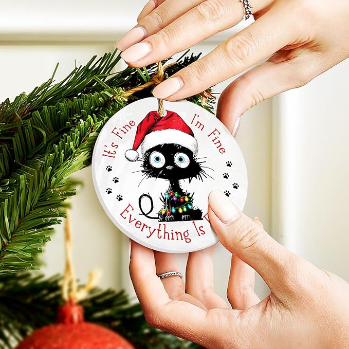 Everything is Fine Cat Ornament – Black Cat Ceramic Hanging Decor 2025, Funny Christmas Ornaments, Coworker Office Keepsake Gift