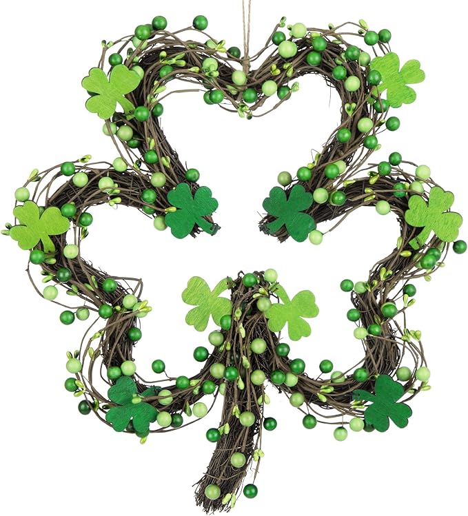 St Patricks Day Wreaths for Front Door, Artificial Shamrock Wreath Wood Lucky Clover Door Decorations with Green Berries for Spring Wall Mantel Window Home Party Decor
