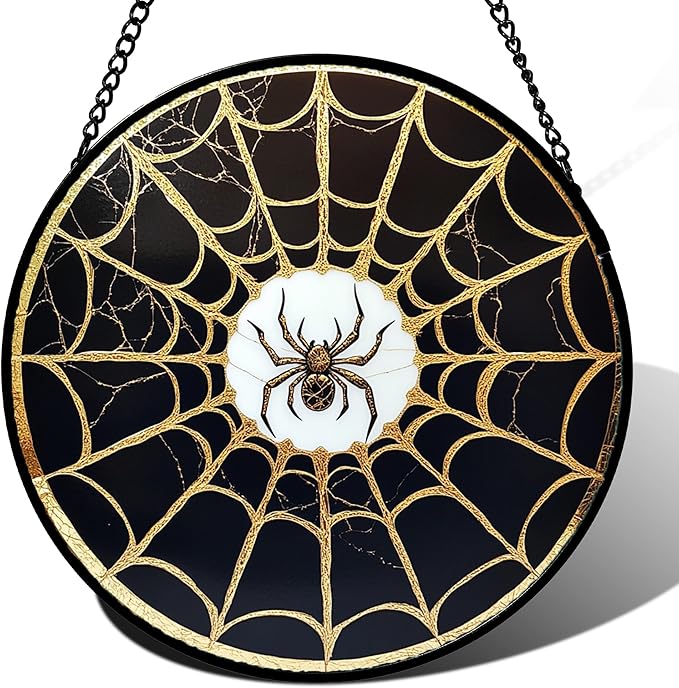 Stained Glass Window Hanging - Black Gold Spider Suncatcher for Door Terrace Garden Home Decor Halloween Sun Catcher Christmas Birthday Gifts for Lovers Women Men Dad Mom Nana 7.8 in