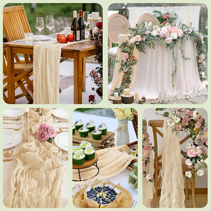 Asee'm 2pcs Cheesecloth Table Runner 120 Inches Long Sand Boho Gauze Cheese Cloth Runner 10FT Rustic Sheer Table Runners for Christmas Wedding Party Baby Shower Spring Easter Decoration