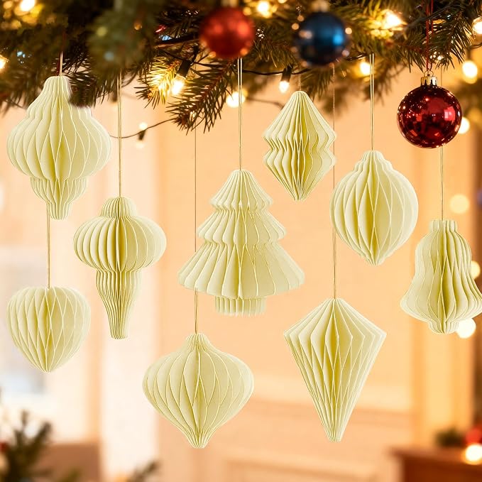 12Pcs Beige Paper Christmas Party Decorations, 3D Honeycomb Paper Hanging Ornaments with Glitter, Boho Finial Honeycomb Lantern Neutral Ornaments for Christmas Trees Winter Wonderland Party