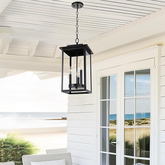LamQee Large Outdoor Pendant Lights for Porch, 3-Lights Matte Black Outdoor Chandelier Lighting Fixture, Modern Exterior Ceiling Hanging Lantern with Glass, for Front Door Patio Gazebo Entryway Foyer