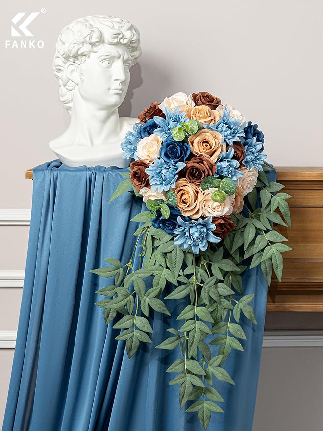 FANKO Artificial Flower Fake Rose Combo, 5 Mixed Silk Flowers Bouquet Dark & Light Brown Cream Roses, Blue Dahlia for DIY Wedding Bridal Bouquets/Centerpieces/Home Decorations