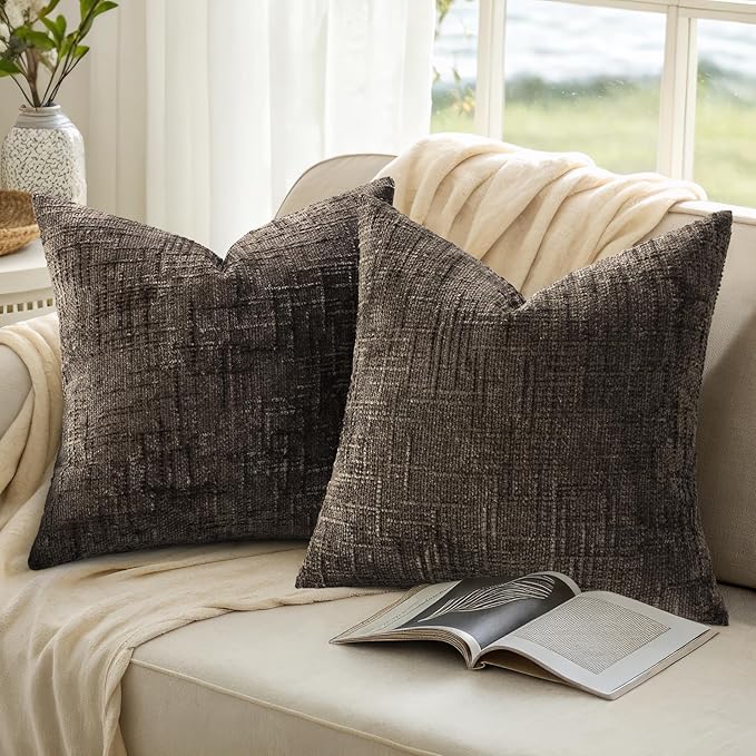 decorUhome Dark Brown Chenille Throw Pillow Covers 24x24 Set of 2 Thick Textured Slubby Couch Pillow Covers Farmhouse Accent Modern Neutral Decorative Pillow Cases for Bed Sofa Living Room