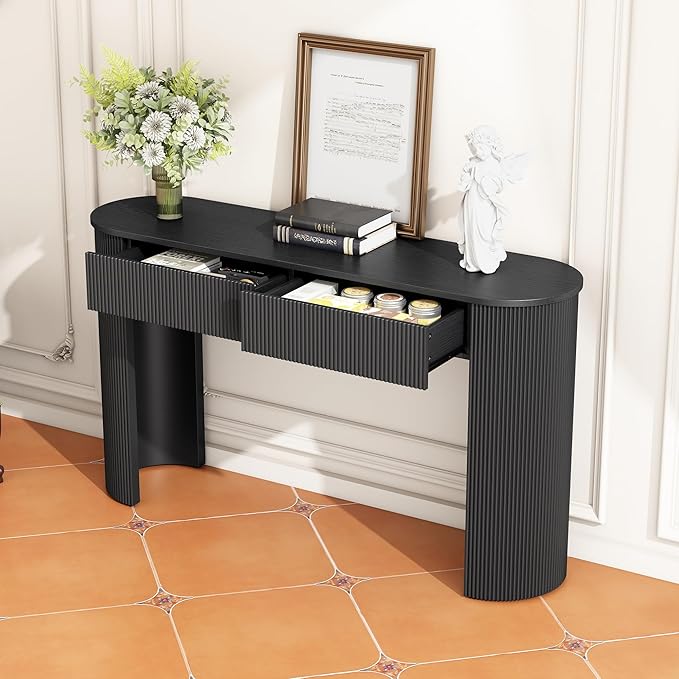 Modern Versatile Console Table with Oval Top and 2 Drawers, Wooden 54'' Long Entryway Table Accent Sofa Table for Hallway Living Room, Unique Vertical Stripe Design (Black-1.27)