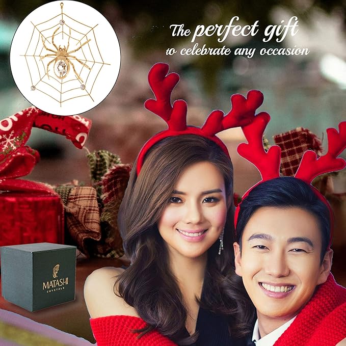 Matashi Christmas Decorations Spider On Web Ornament 24K Gold Plated Crystal Studded - Miracle Tinsel Legend Story,Tree Décor, Perfect for Christmas Gifts, Holiday Gifting, Seasonal Home Accents