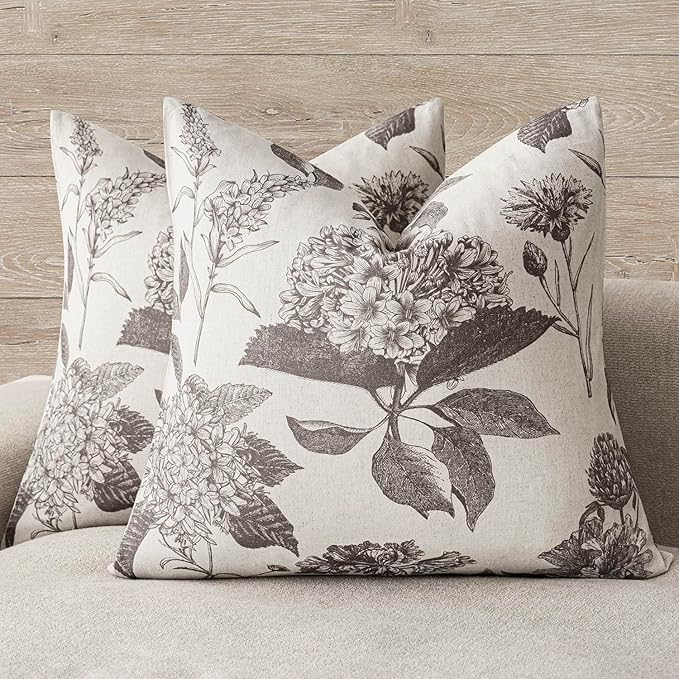 Foindtower Set of 2 Linen Floral Vintage Throw Pillow Covers Neutral Accent Decorative Cushion Covers Farmhouse Boho Home Decor for Sofa Chair Couch Bedroom Living Room,18×18 Inch,Light Gray