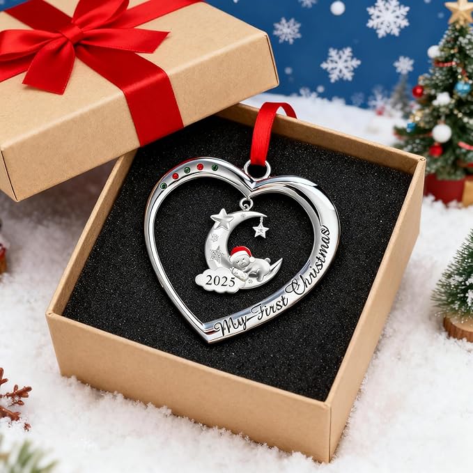 Baby's First Christmas Ornament 2025 My 1st Christmas Decorations 2025 Newborn Keepsake Gifts for Girl Boy Silver Heart with Hanging Bear Moon Star