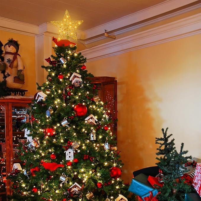 Christmas Tree Topper 10-inch Gold Glitter Star Tree Topper with 20 LED Lights Christmas Tree Topper Star for Holiday Decorations.