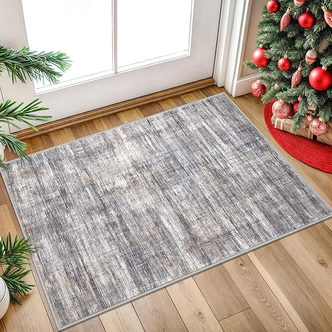 Modern Abstract Entryway Rug 2x3 Beige Grey Small Area Rug Kitchen Rugs Non-Slip Washable Ultra Thin Soft Print Striped Low-Pile Indoor Door Mat Floor Carpet for Entrance Bedroom Bathroom