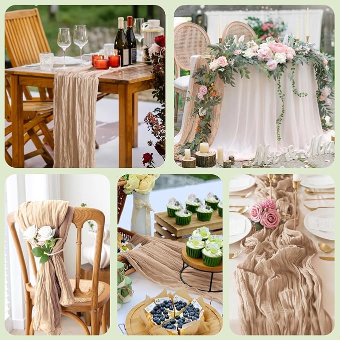 Wokceer Cheesecloth Table Runner Nude Brown 10FT Boho Gauze Cheese Cloth Table Runner for Party Long Rustic Sheer Table Runners for Baby Bridal Shower Wedding Easter Table Decor