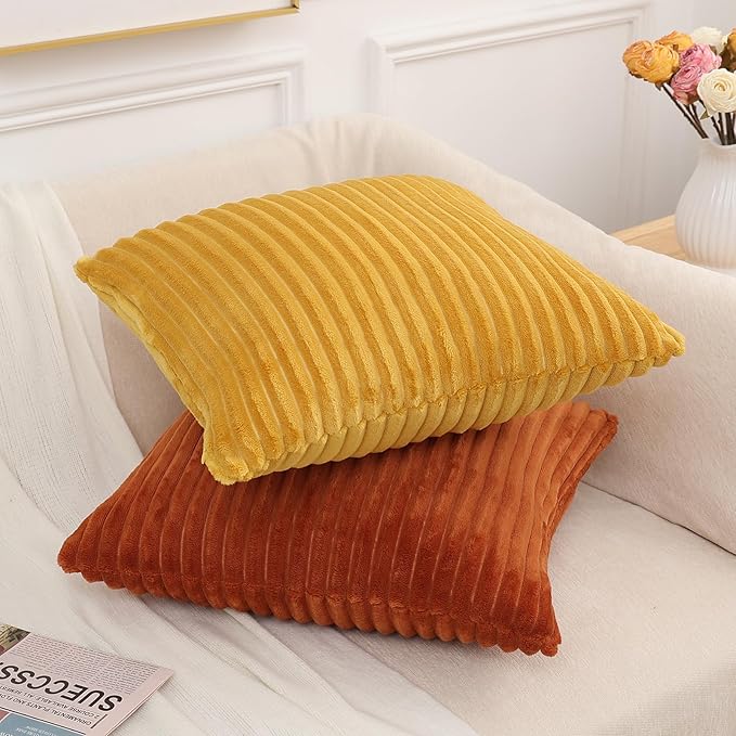 Simmore Decorative Christmas Throw Pillow Covers 22x22 Set of 2, Soft Natural Plush Flannel Double-Sided Fluffy Couch Pillow Covers for Sofa Living Room, Mustard Yellow