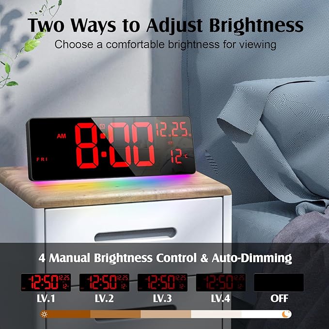 16.5" Large Digital Wall Clock with RGB Night Lights, Auto Dimmer, Remote Control, Date, Indoor Temperature, DST