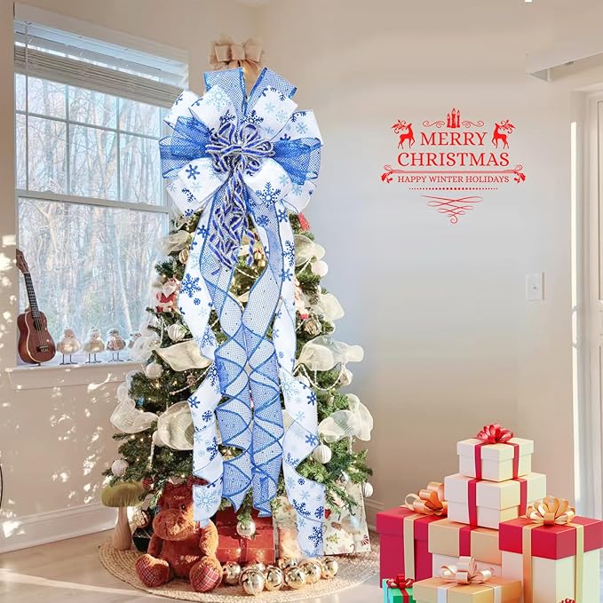 Christmas Tree Topper Bow, 43" Christmas Wreath Bows Blue and White Ribbon Ornaments with Tassels Snowflakes and Glitter, Home Decor for Holiday Xmas Decoration Home Parties Wedding Gift