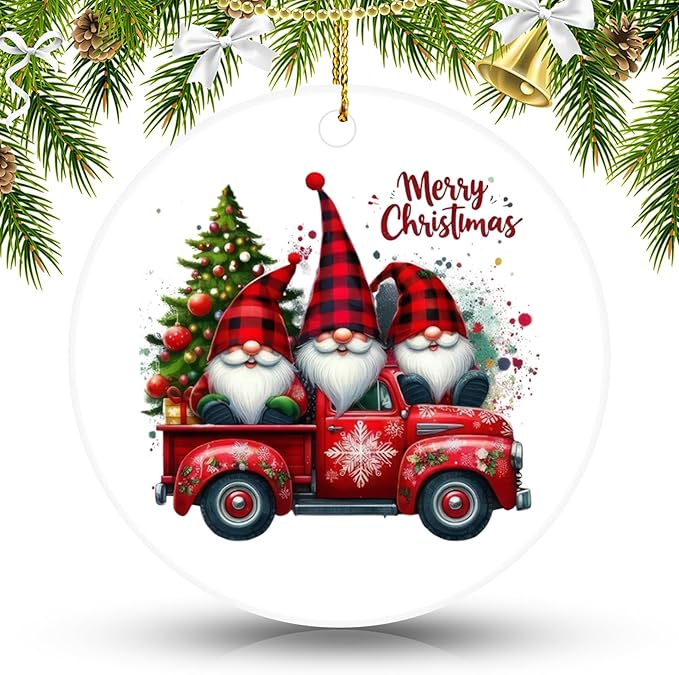 Christmas Gnome Red Truck Ornament – Ceramics Hanging Decoration for Christmas Tree, Clear Acrylic Gnome & Red Truck Design, Xmas Holiday Home Décor & Gift