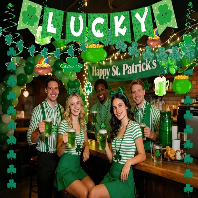 Go Ho St Patricks Day Decorations Kit, Shamrock Garlands, Lucky Banner, Clover Hanging Swirls, Irish Decor for Home Office, Green Saint Patrick's Day Party Supplies Bulletin Board