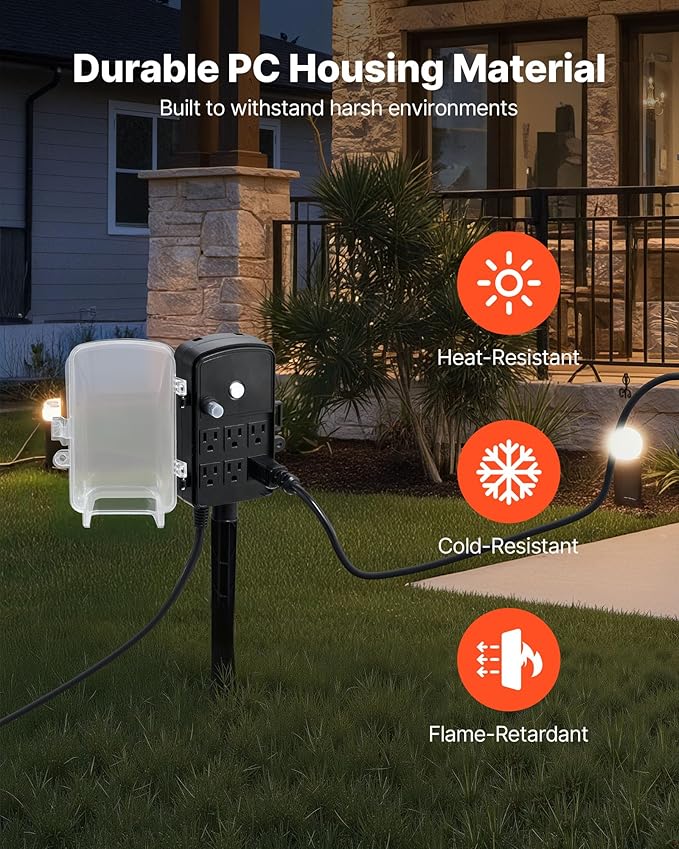 VEVOR Outdoor Power Stake, 15 FT Extension Cord, Outdoor Power Strip Weatherproof with Cover and Overload Protection, 6 Outlets, 15A/1875W, Waterproof Multi-Outlet Yard Stake for Christmas Lights
