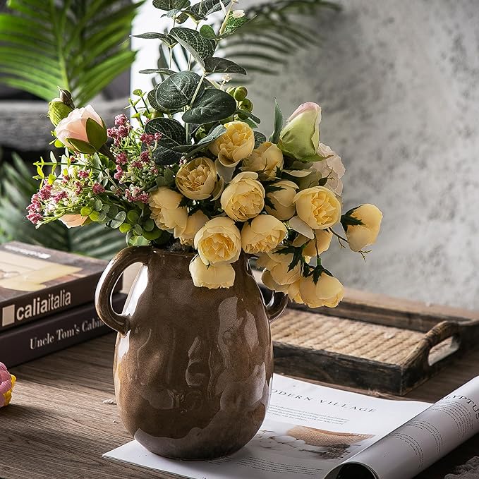 Kimdio Brown Ceramic Vase with 2 Handles, Modern Farmhouse Vases for Home Decor, Vintage Rustic Pottery Vase, Decorative Terracotta Vases, Clay Jug for Living Room Dining Table Shelf