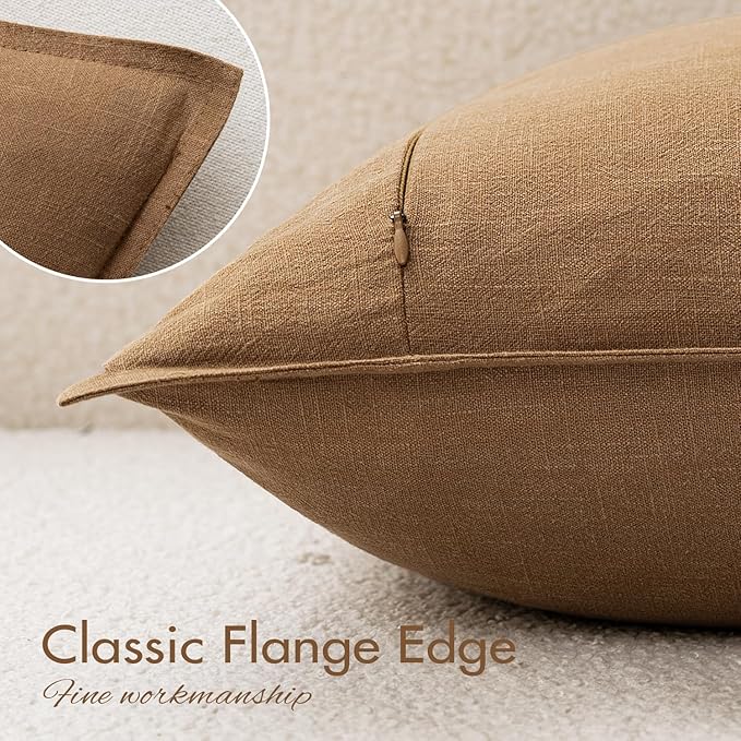EMEMA Decorative Linen Throw Pillow Covers 24x24 Inch Brown Boho Farmhouse Neutral Couch Throw Pillows for Bed Pack of 2 Accent Pillowcase Modern Sofa Cushion Livingroom Home