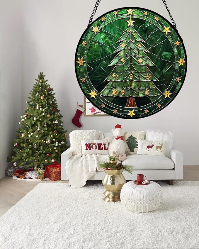 Stained Glass Window Hanging - Green Christmas Tree with Golden Stars Suncatcher for Doors Home Christmas Decoration Sun Catcher Thanksgiving New Year Birthday Gifts for Women Men Mom Nana 11.8 in