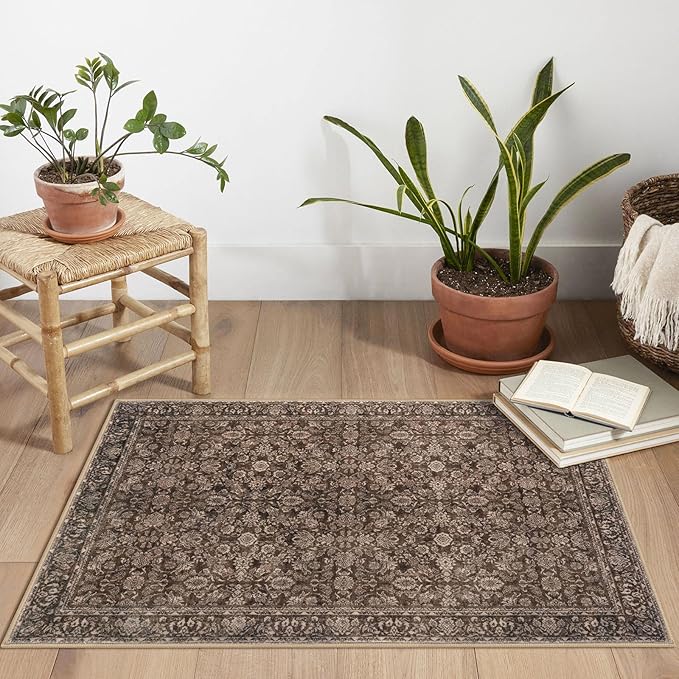 2x3 Washable Rug Soft Area Rug for Entryway, Rust Reddish Brown Non-Slip Indoor Door Mat Distressed Floral Low-Pile Kitchen Rugs, Neutral Vintage Carpet for Entrance Bedside Farmhouse