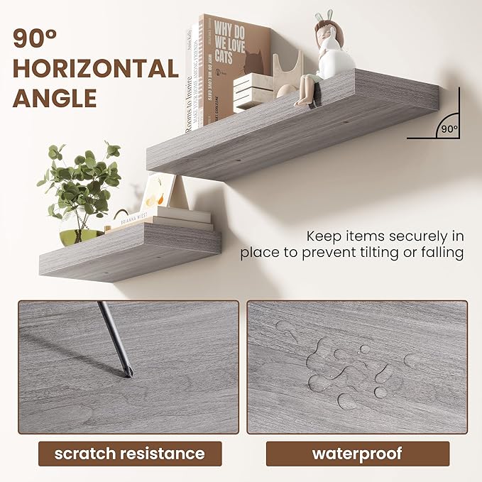 16 Inch Floating Shelves for Wall 2 Pack, 16" Wall Shelves for Books, Storage, Decor, Wall Mounted Floating Shelf with Invisible Brackets for Kitchen, Living Room, Gray