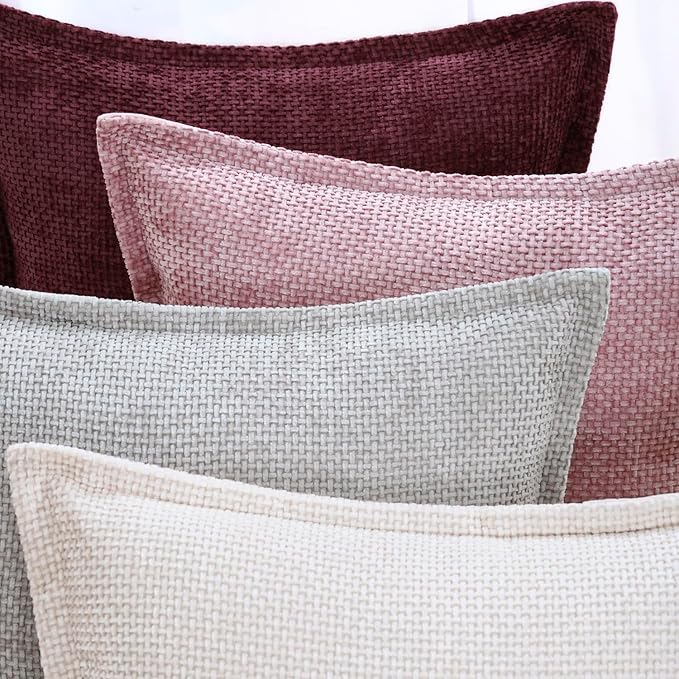 MADIZZ Chenille Velvet Throw Pillow Covers with Flange Set of 2 Super Soft Boho Textured Pillow Covers Decorative Throw Pillowcases Modern Farmhouse Home Decor for Sofa Bedroom Oatmeal 16x16 Inch