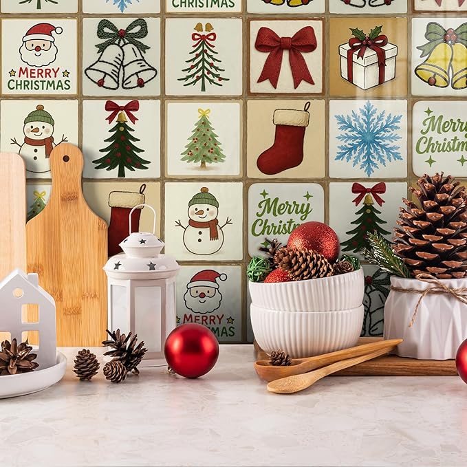 Holiday Decor Christmas Backsplash Stickers, Peel and Stick 12 Tiles, Removable Waterproof for Kitchen Wall, Festive Decoration