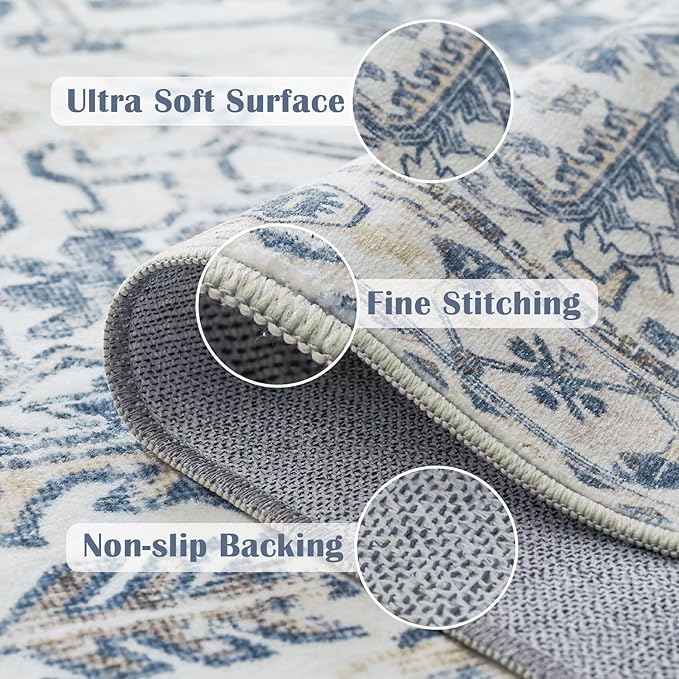 jinchan Lima Hallway Runner Rug 2x8 Washable - Vintage Floral Non Slip Low-Pile Soft Ultra-Thin Faux Wool Kitchen Rug Distressed Carpet Runner for Farmhouse Bedroom Laundry (2x8ft, Blue)