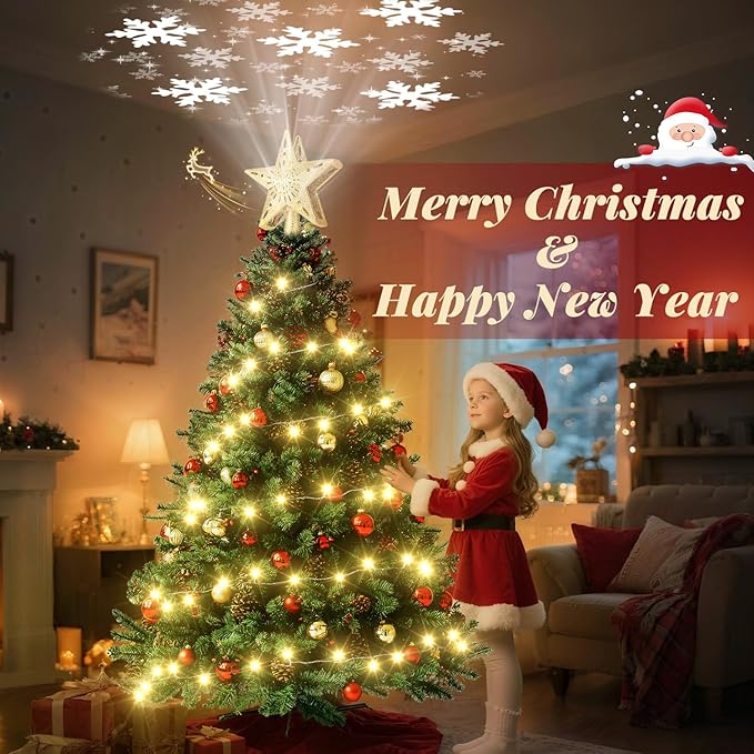 Christmas Tree Topper Lighted with 10M Warm String Lights, Keten Gold Star Tree Toppers Decoration with 3D Rotating Pattern Projector, Tree Top for Indoor Outdoor Xmas Party Holiday(Gold)